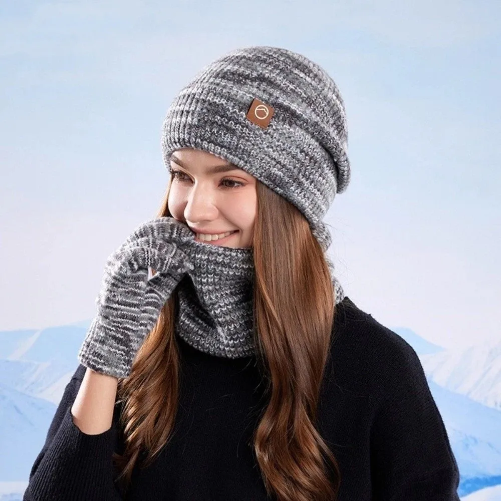 Outdoor Winter Cap Gloves Scarf Set Knitted Thickened Women Skullcap Windproof Gradient Color Cycling Beanies