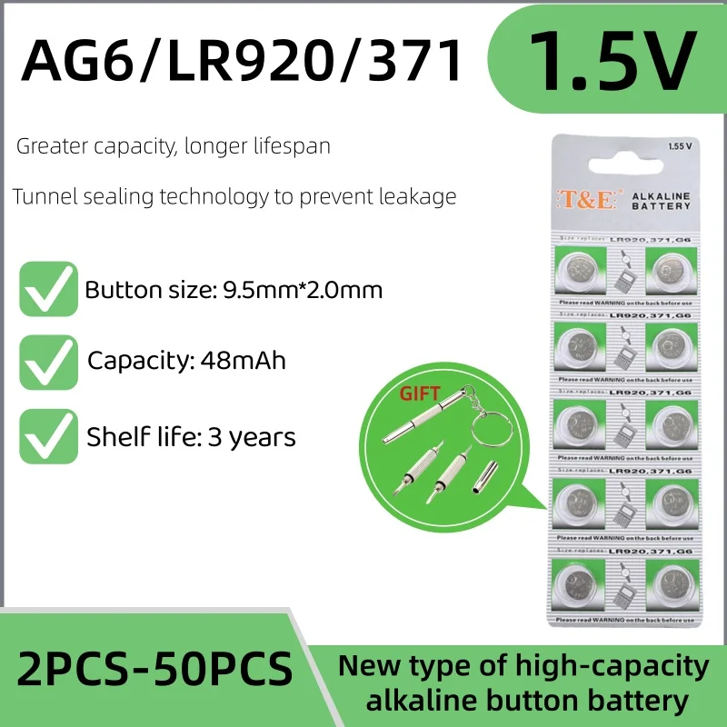 НОВЫЙ 1,55 В AG6 LR920 370 LR69 LR921 G6A SR920 Батарея-таблетка для часов, игрушек, пульта дистанционного управления SR920SW Core Coin Щелочная батарея