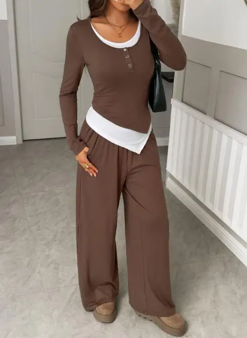 

2025 Autumn/Winter New Women's Fashion Leisure Vacation Long Sleeve T-shirt Long Pants Two Piece Set Women's Clothing