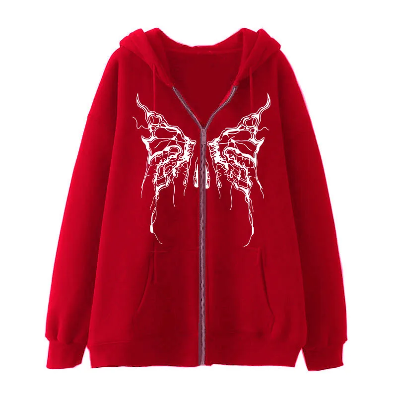Y2K Fleece Hoodies Women Butterfly Printed Zipper Casual Sweatshirts Fashion Loose Lady Coat Autumn Winter Streetwear