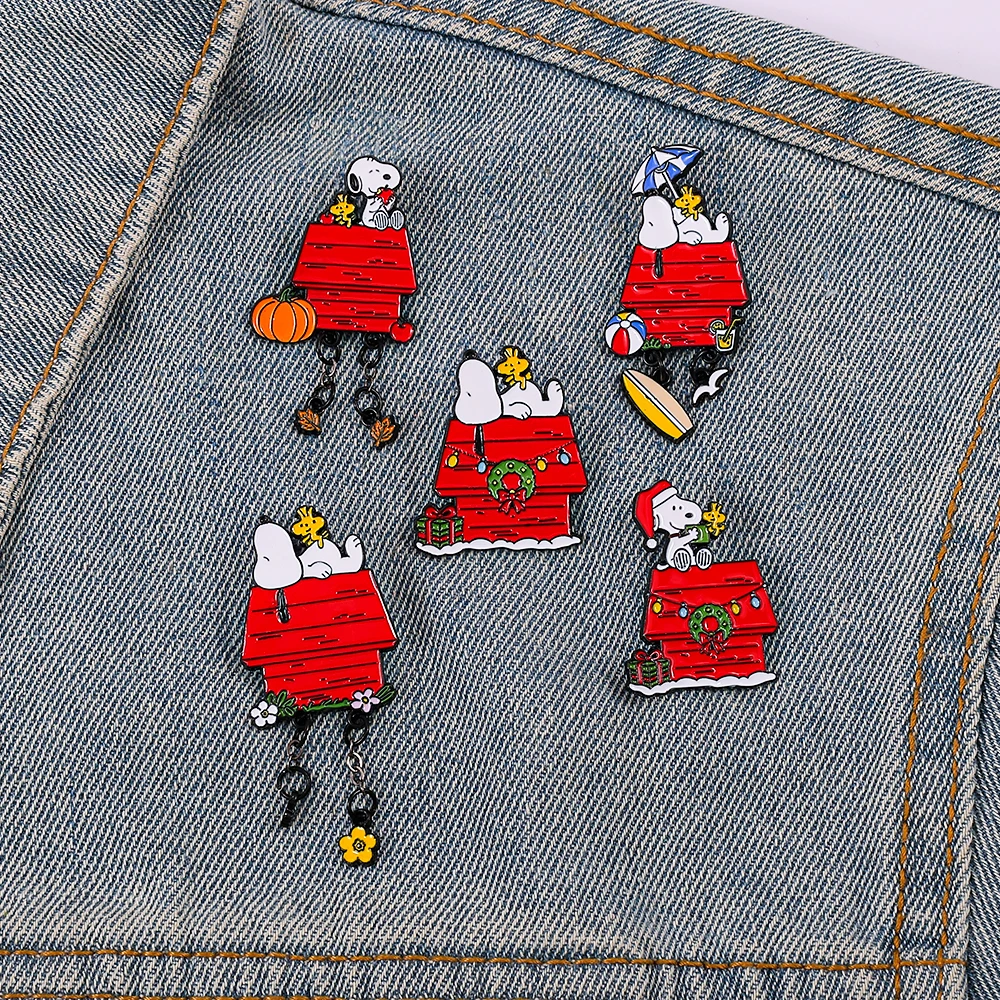 Cartoon White Dog Red House Enamel Brooch Season Theme Lapel Pin with Dangle Charms for Bag Clothes Decoration Christmas Gift view 5