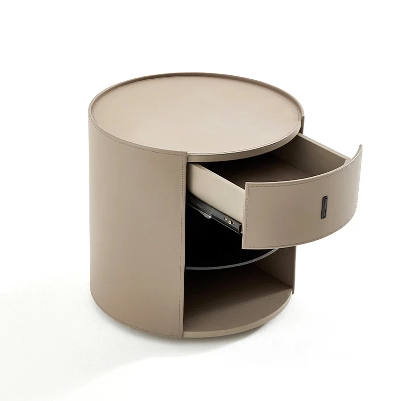 Italian Style Light Luxury round Saddle Leather Bedside Table High-End Designer Style Bedroom Bedside Cabinet