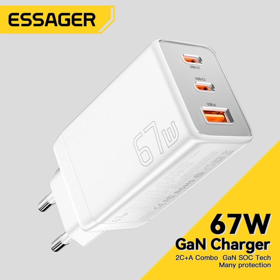  Essager 67W GaN USB Type C Charger For Laptop 45W 25W PD QC 3.0 Fast Charge For Macbook Xiaomi Samsung Iphone14 13 Phone Chagers 