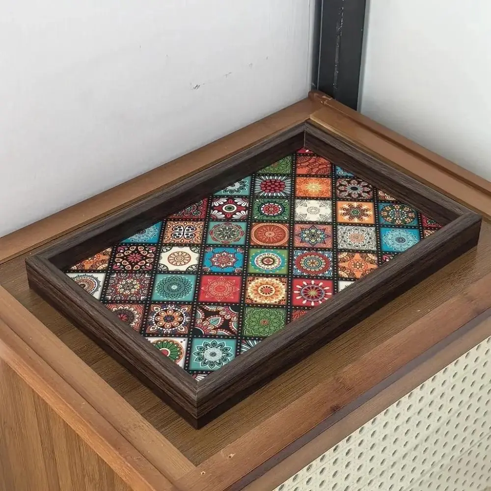 1pc Durable Bohemian Style Wooden Tray Handmade Square Snack Tray Key Storage Box for Desktop Foyer Decoration Home Storage