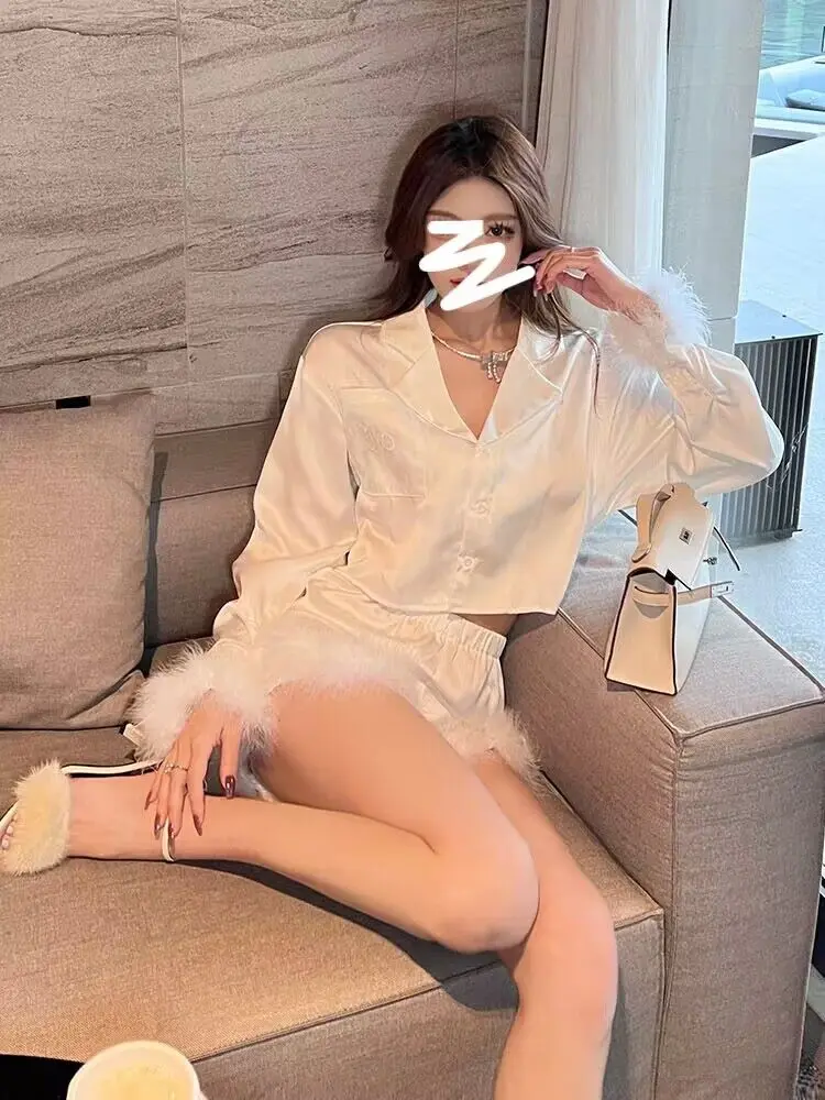 

American Style Premium Home Clothes 25 Spring New Lazy Feather Patchwork Collar Shirt Shorts Pajama Set Home Comfortable