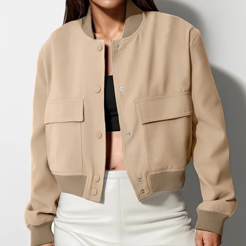 Aprikose Damen Casual Taschenjacken Mantel Frühling Langarm Bomber Mode Weibliche Oberbekleidung Hohe Taille Kurze Knöpfe Blusen