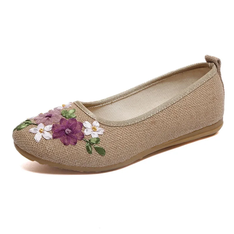 Vintage Embroidered Women Flats Flower Slip On Cotton Fabric Linen Comfortable Old Peking Ballerina Flat Shoes Sapato Feminino