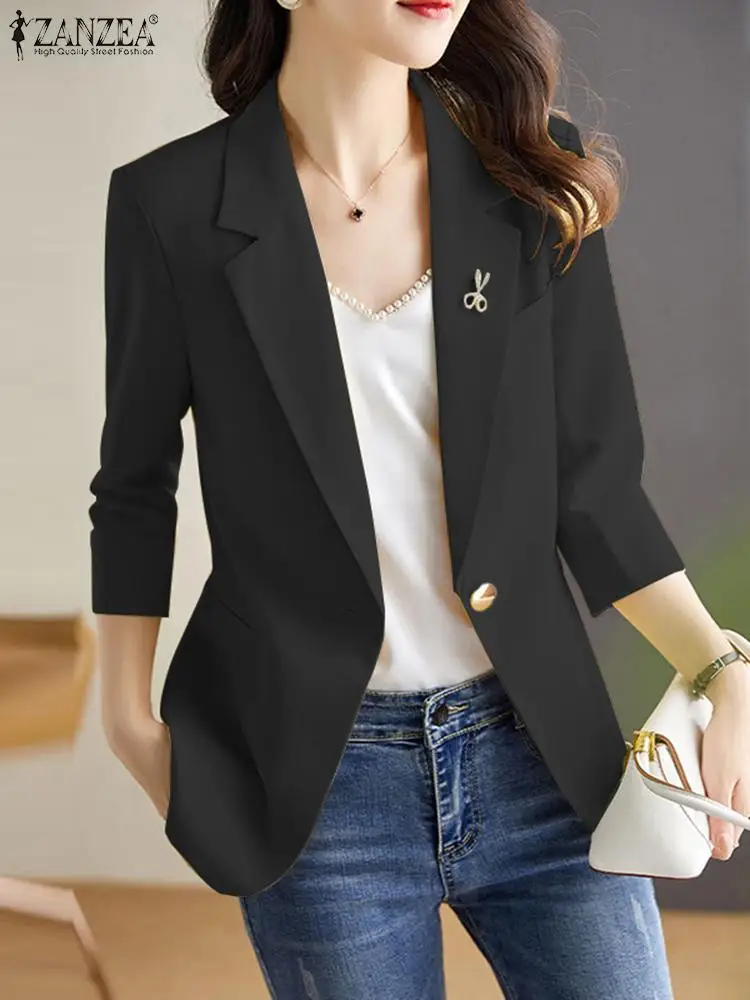 

2023 ZANZEA Elegant Solid OL Outwear Cardigan Women Blazer Suits Summer Lapel Neck 3/4 Sleeve Thin Coats Casual Office Workwear