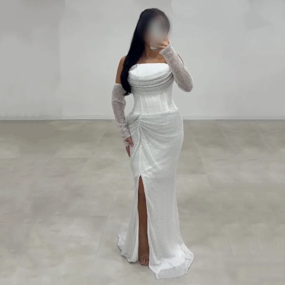 فستان سهرة فاخر بأكمام طويلة متألق بطيات مخصصة على شكل بوق بطول الأرض مناسبة مخصصة للنساء أنيقة لحفلات الزفاف