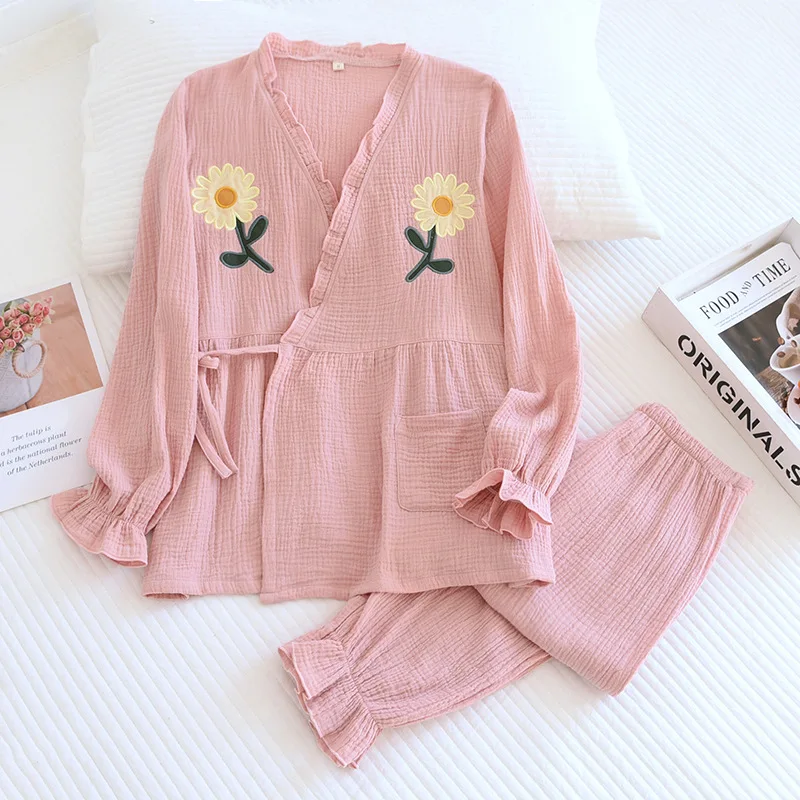 Women Sleepwear V-neck 100% Cotton Crepe 2 Piece Pajamas Suit Kimono Home Clothes Spring Summer Comfort Nightwear With Pant