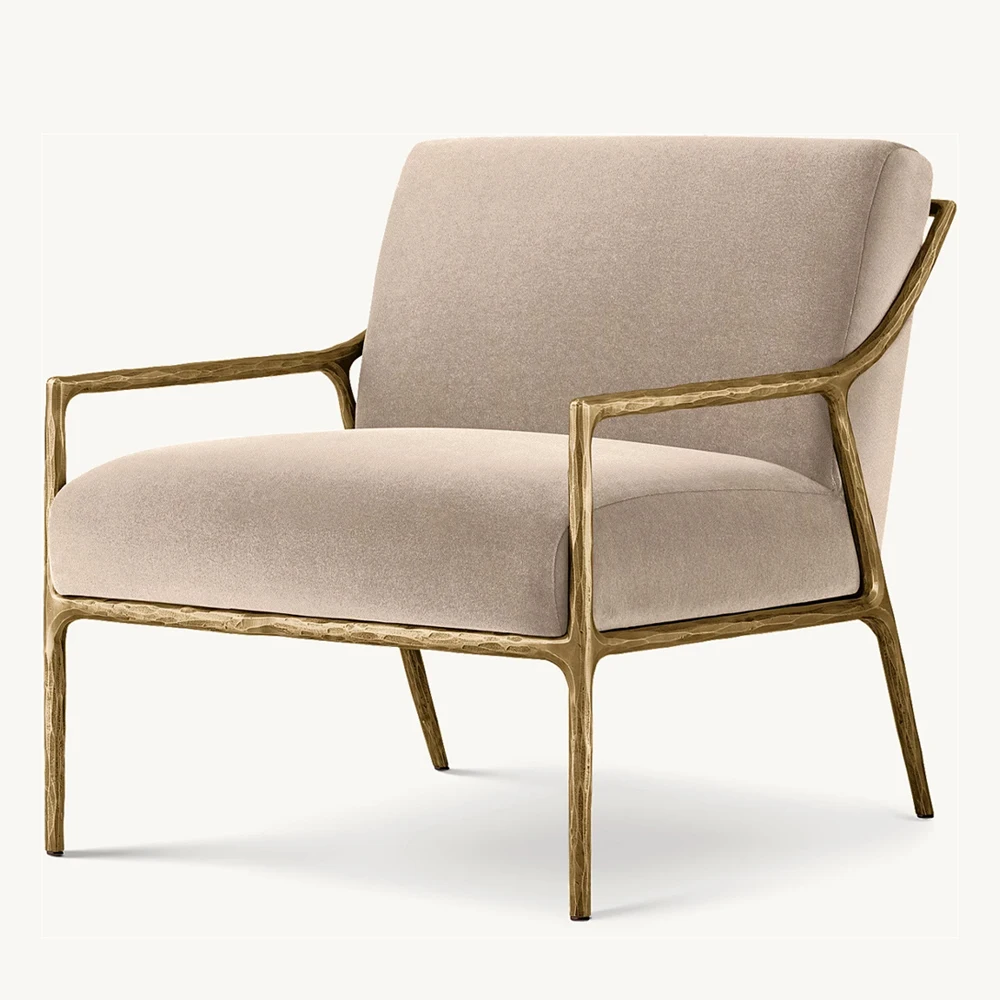 ！@American Modern Living Room Furniture Single Sofas White Teddy Chair Sofa Gold Metal Frame Copper Leisure Accent Arm Chair