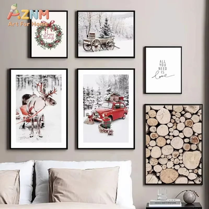 1PC Winter Nordic Reindeer Pine Forest Scenery Poster Art Winter Snow Landscape Pine Wreath Canvas Print Modern Home Decor