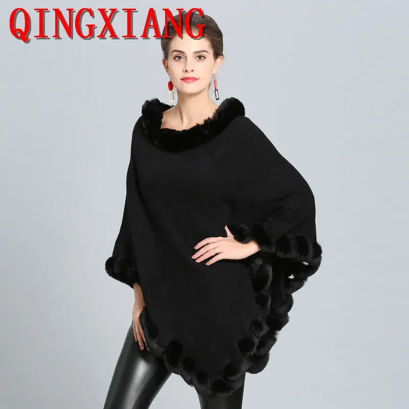 

9 Colors Fashion Women Warm Winter Jacquard Weave Poncho Cloak Faux Cashmere O Neck Cape String Fur Triangle Knitted Streetwear