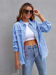 Fashion Women New Broken Holes Solid Color Denim Pockets Jacket Ladies Autumn Winter Casual Loose Lapel Button Cardigan Coat