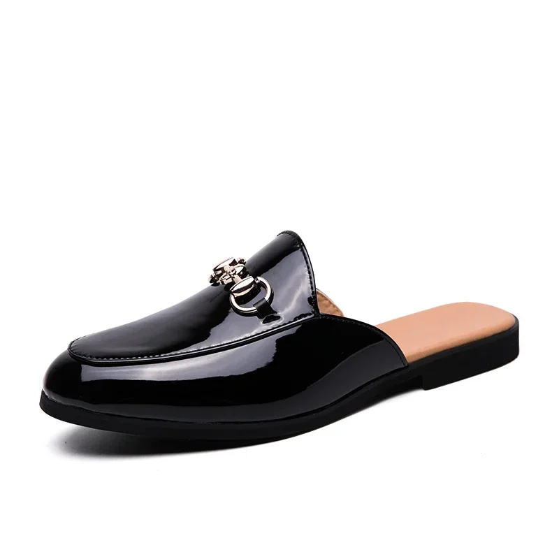 Demi-chaussures d\'été pour hommes, mocassins noirs, pantoufles en cuir verni, chaussures de conduite décontractées, sandales plates légères, grande
