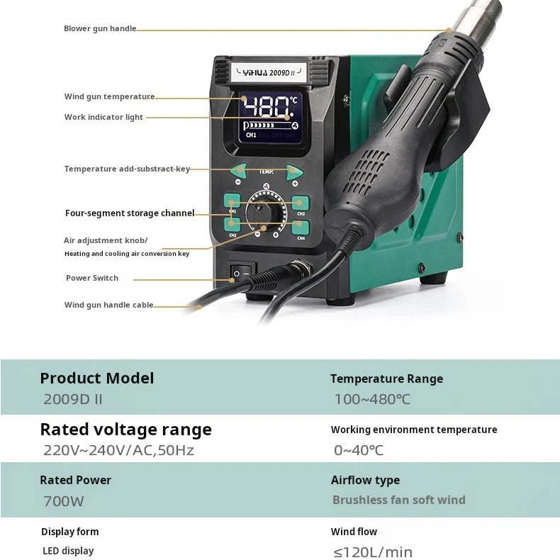

Smart Digital YIHUA 2009D-II 700W Hot Air Rework Station for QFP PLCC BGA SMD Component Repair