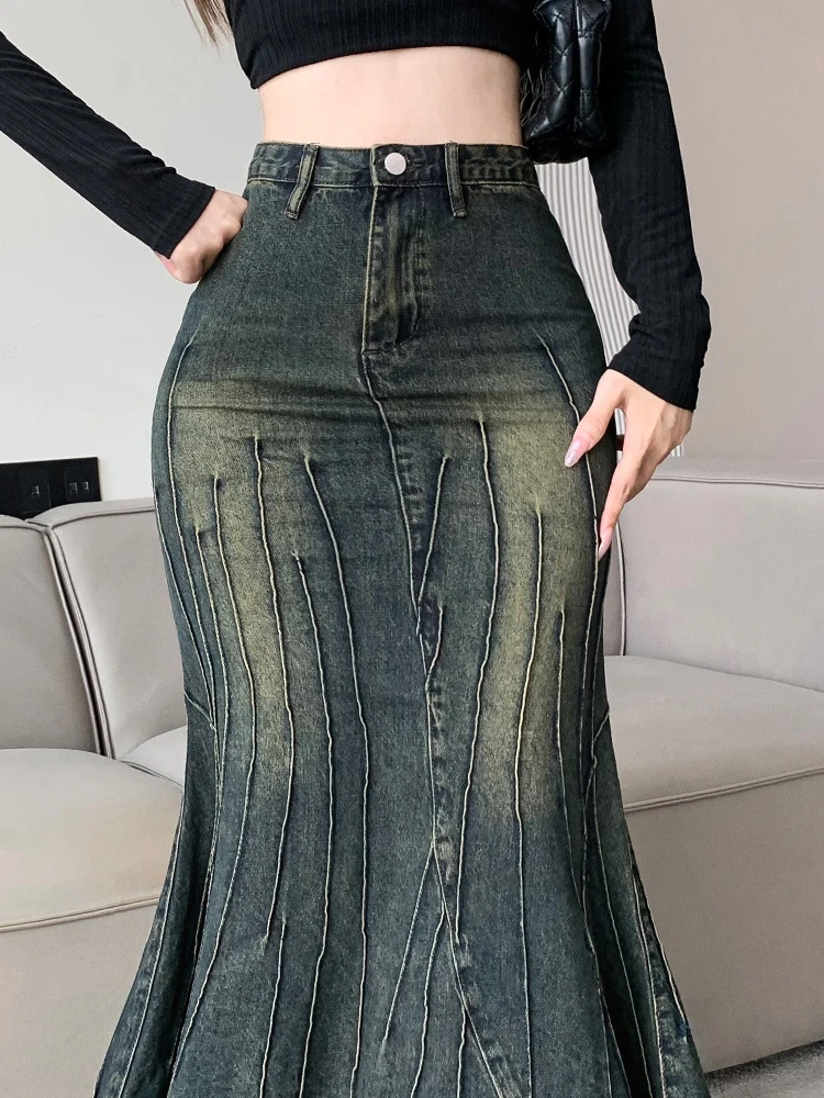 Vintage Ripped Women Mermaid Skirt 2023 New Fashion Y2K Streetwear Jeans Skirts Female Retro Casual Irregular Hip Skirts Denim