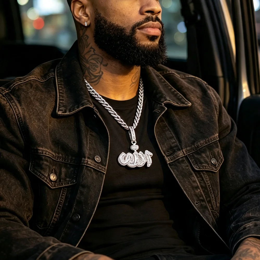 2026 New hip-hop men's pendant fashion Allah symbol paved with crystal crystal shiny zircon rock men's pendant necklace jewelry.