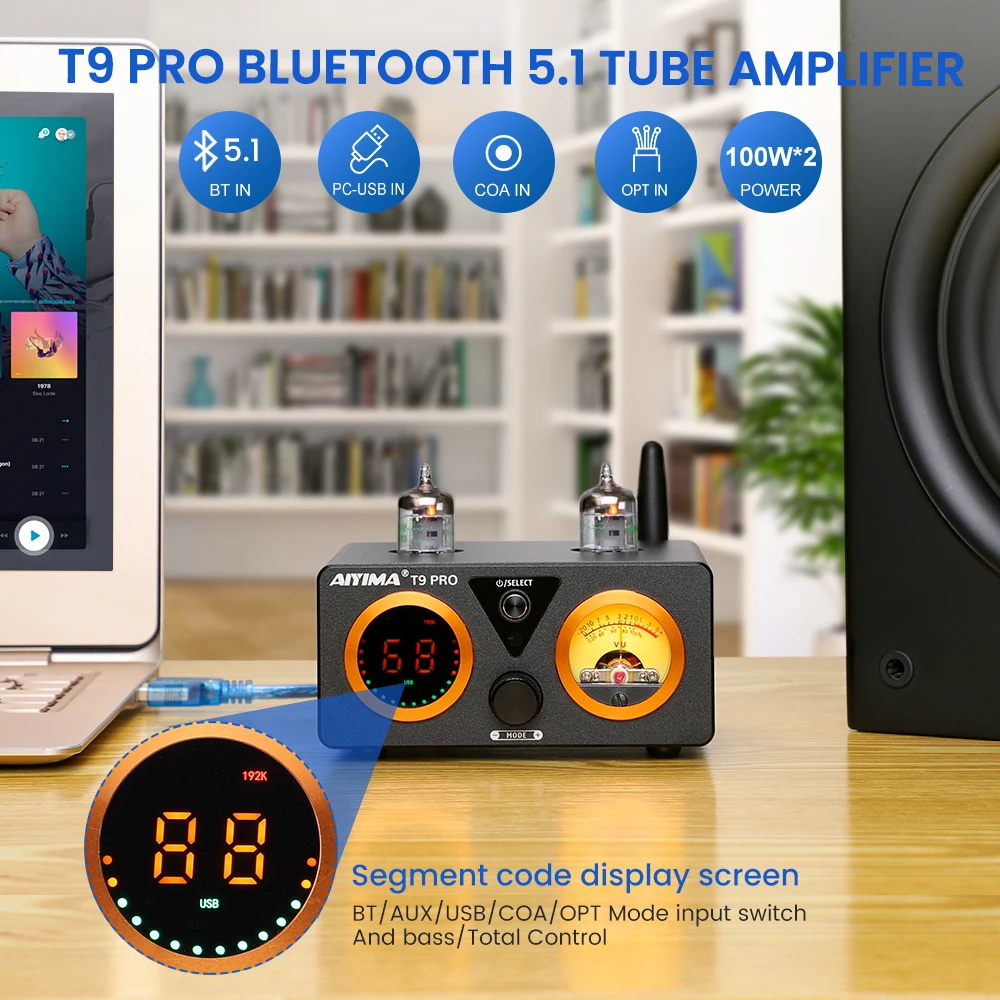 AIYIMA T9 PRO APTX HD Bluetooth Amplifier Audio 100Wx2 HiFi Stereo Power Amplificador USB DAC COAX OPT VU Meter Tube Amplifier