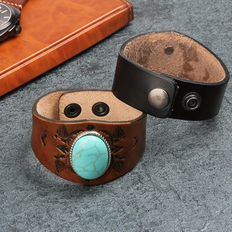 Fashion Ethnic Style Bracelet Cowhide Large Imitation Turquoise Totem Light Luxury Leather Bracelet Men's Jewellery Accessories