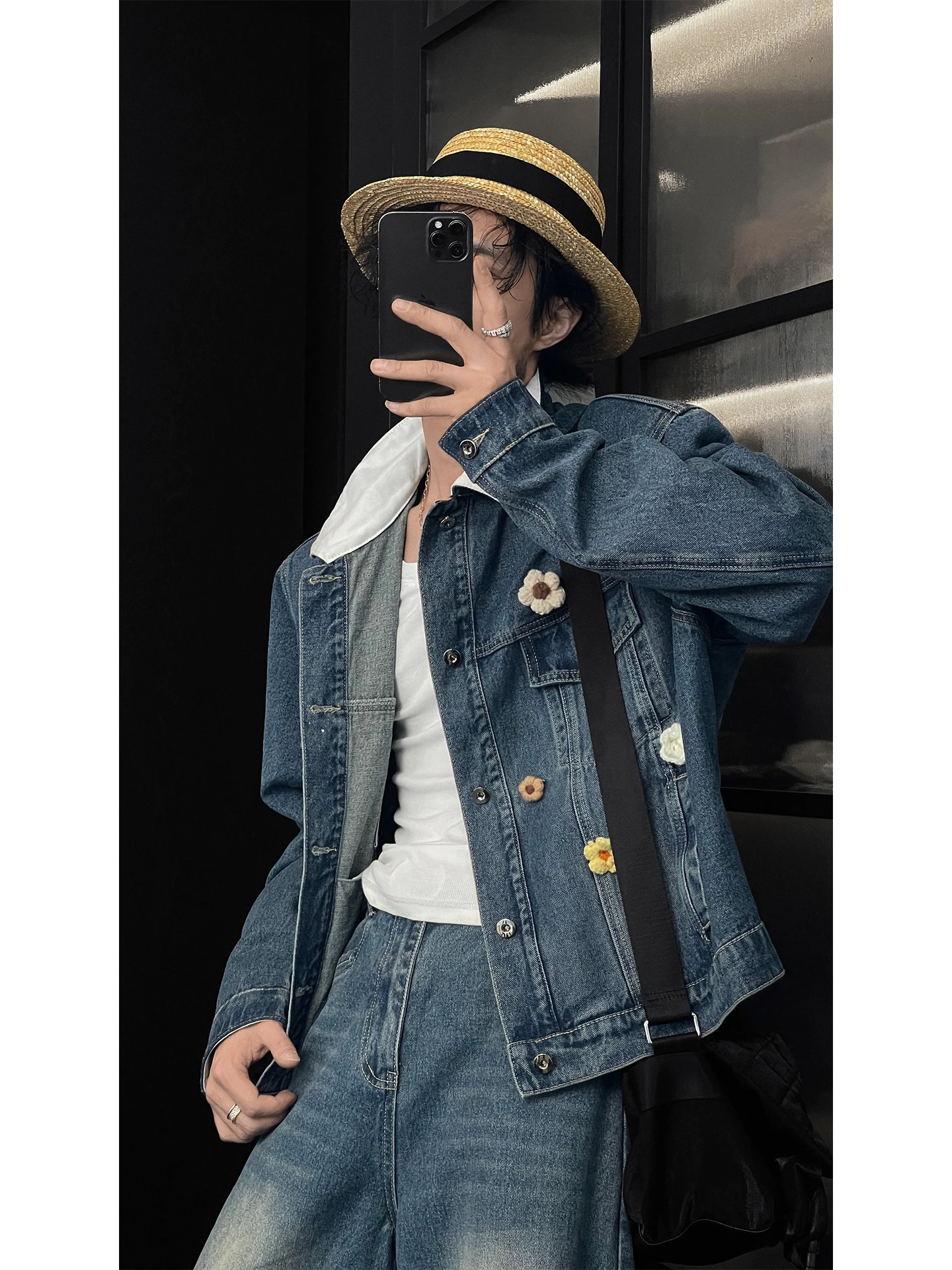 Men's 2025 Autumn New Fashion Two-Piece Sets Stylish 2pcs Elegant 3D Floral Chic Denim Jackets Retro Jeans Men's Long Pants Sets