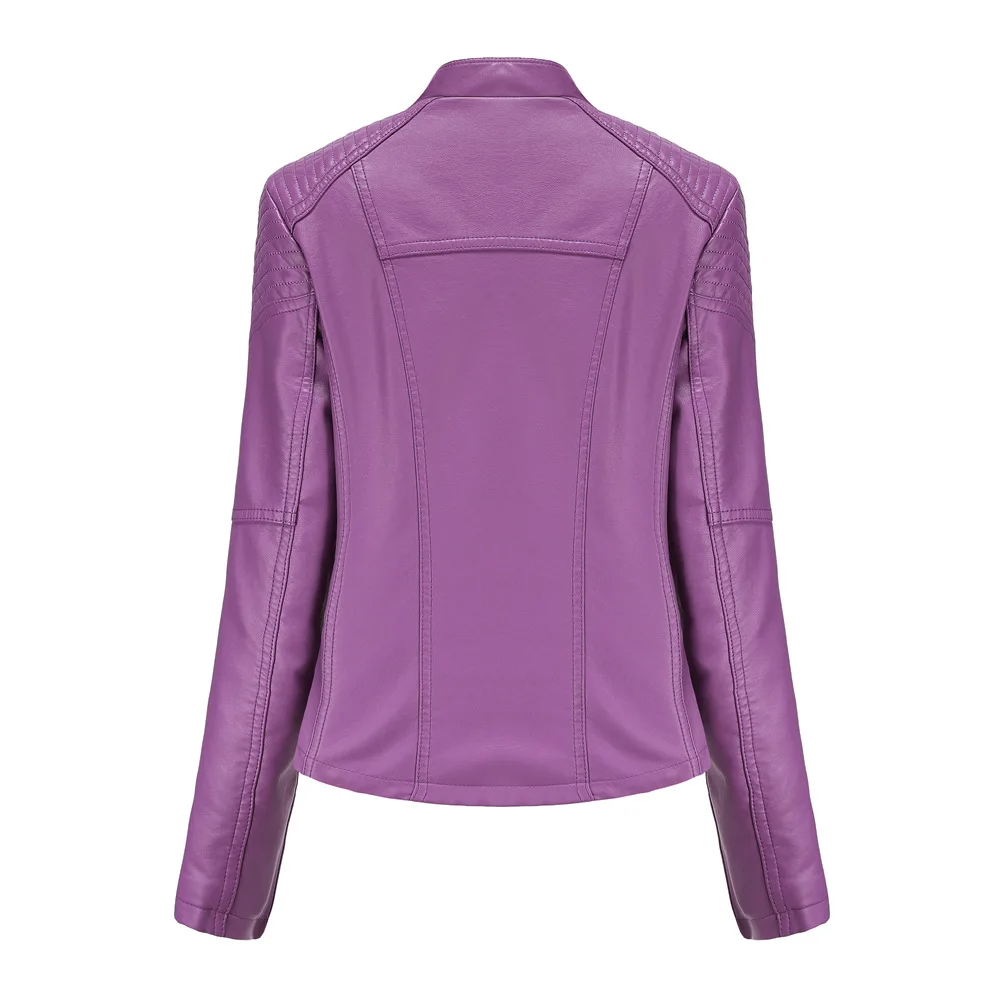 Chaqueta de piel sintética para mujer, abrigo morado ajustado con cremallera para motociclista, ropa de calle para locomotora, 4XL, primavera y otoño, novedad