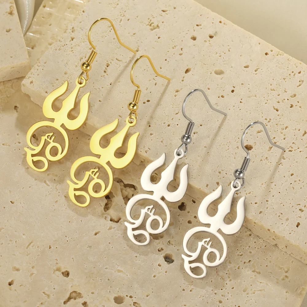 Dawapara Trident Tamil OM Symbol Women Earrings Siva Protection Amulet Hindu Spiritual Pendant Stainless Steel Jewelry