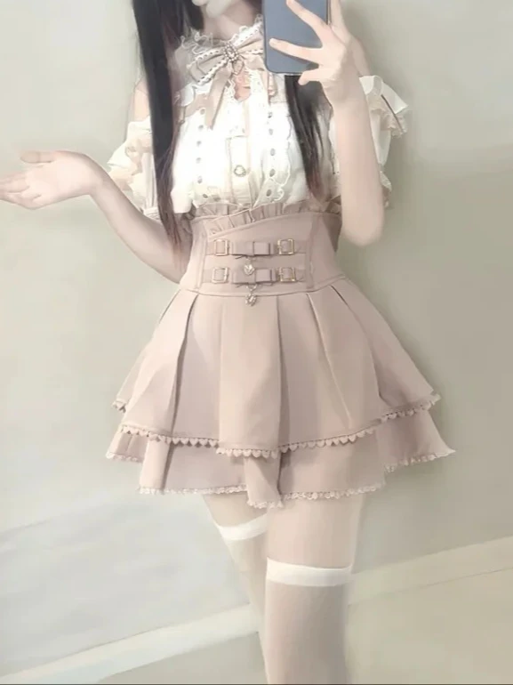 

Japanese Mine Women's Summer Blouse Tops Cute Sweet Girls Lace Bow Stitching Long Detachable Sleeve Shirt High Waist Skirt