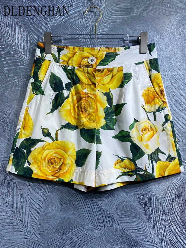 DLDENGHAN Spring Cotton Sicily Shorts Women Pockets Yellow Rose Floral Print High Street Shorts Fashion Designer New