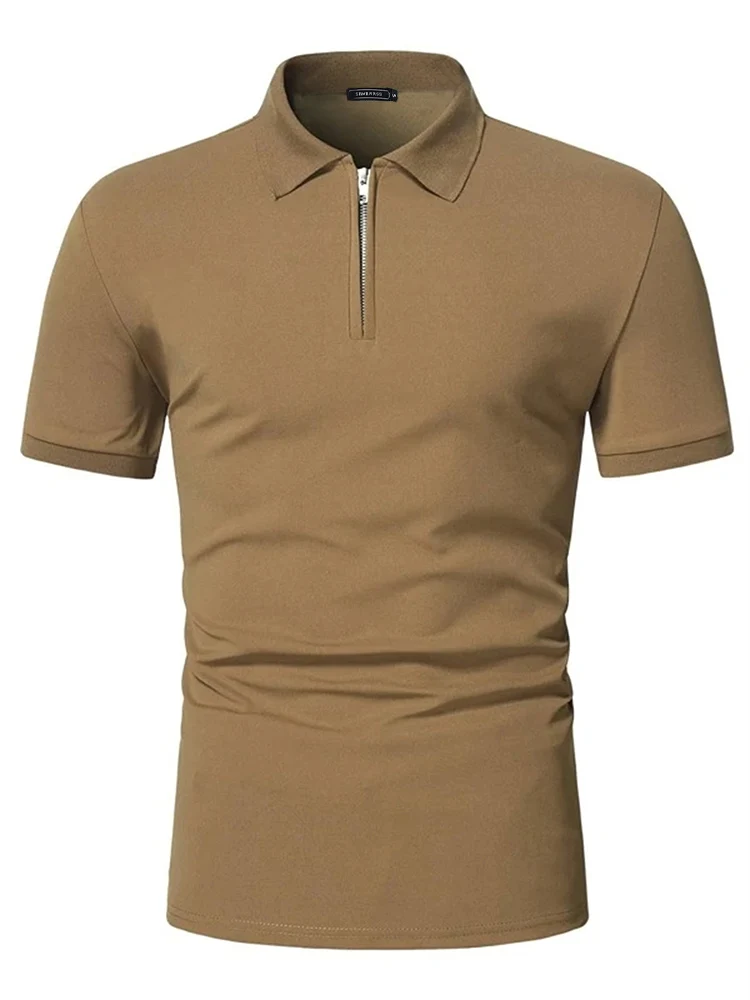 Men\'s polo shirt solid color short-sleeved zipper lapel T-shirt casual top