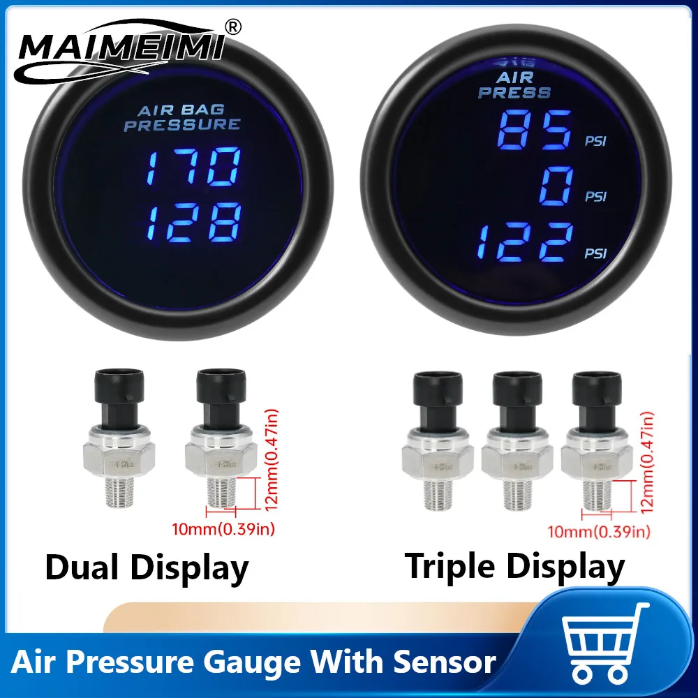 

52mm Blue LED Triple Dual Display Air Pressure Gauge Digital Display Air Ride Meter+ 3pcs/2pcs 1/8NPT Sensor For Air Suspension