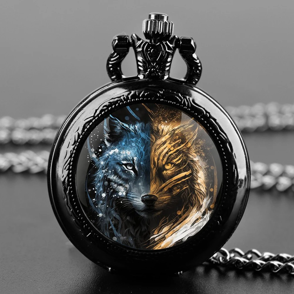 Exquisite Two-faced Wolf Glass Dome Quartz Pocket Watch Arabic numeral Necklace Pendant Gifts For Women Man with Chain