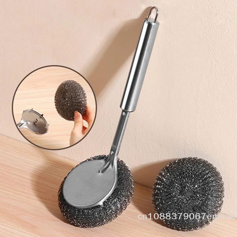 【xxx】 Decontamination Cleaning Brush Long Handle Pot Brush Kitchen Pan Pot Dishes Cleaning Brush Steel Wire Metal Wool Scourer