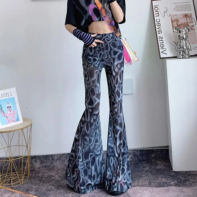 Female Flare Pants 2023 Ne Summer Fashion Perspective Long Mesh Trousers Stretch High Waist Casual Wide Leg Pants Sunscreen