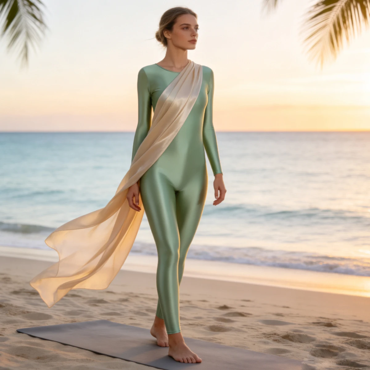 MJINM Glossy One-piece Satin High Elastic Round Neck Tight Ankle Jumpsuit Yoga Fitness Workout Gymnastic Sport Bodysuit Playsuit