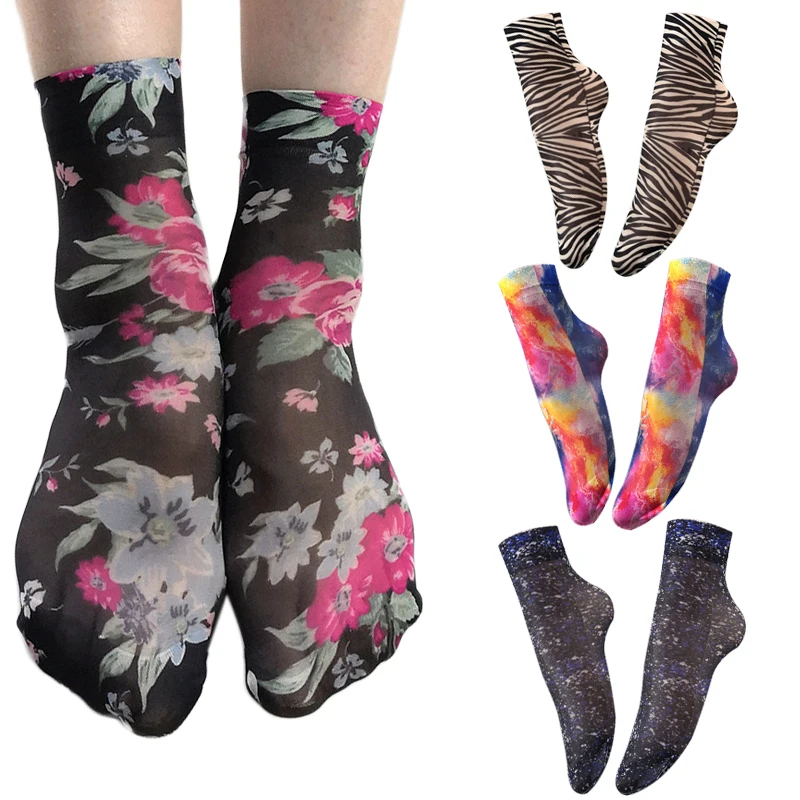 Women Printed Flowers Socks Summer Fashion Streetwear Short Silk Socks Women Colorful Funny Striped Plaid Sock Harajuku