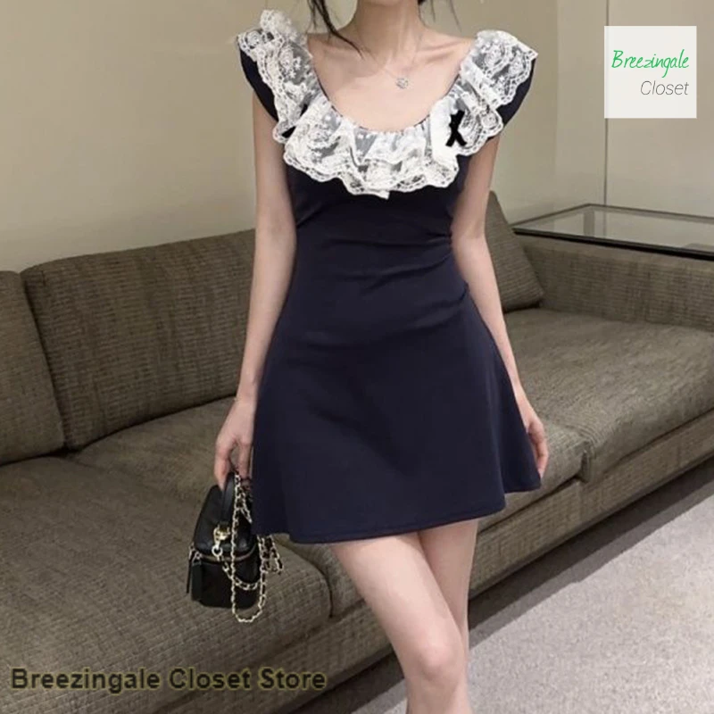 

French spice girl ballet lace stitching small flying sleeve dress female summer new fashion temperament waist casual skirt
