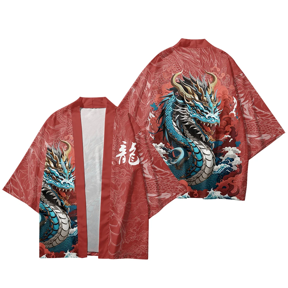 Summer Kimono Men Hawaiian Shirt Beach Cardigan Lucky Dragon Kimono Fashion Women Yukata Japanese Clothes Bathrobes Haori