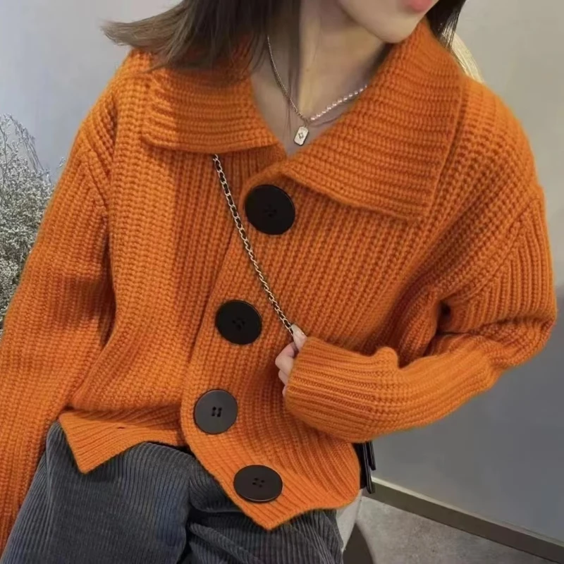 Women Knit Cardigan Women Solid Long Sleeve Loose Fashion Single-breasted Turn-Down Collar Sweater Coat