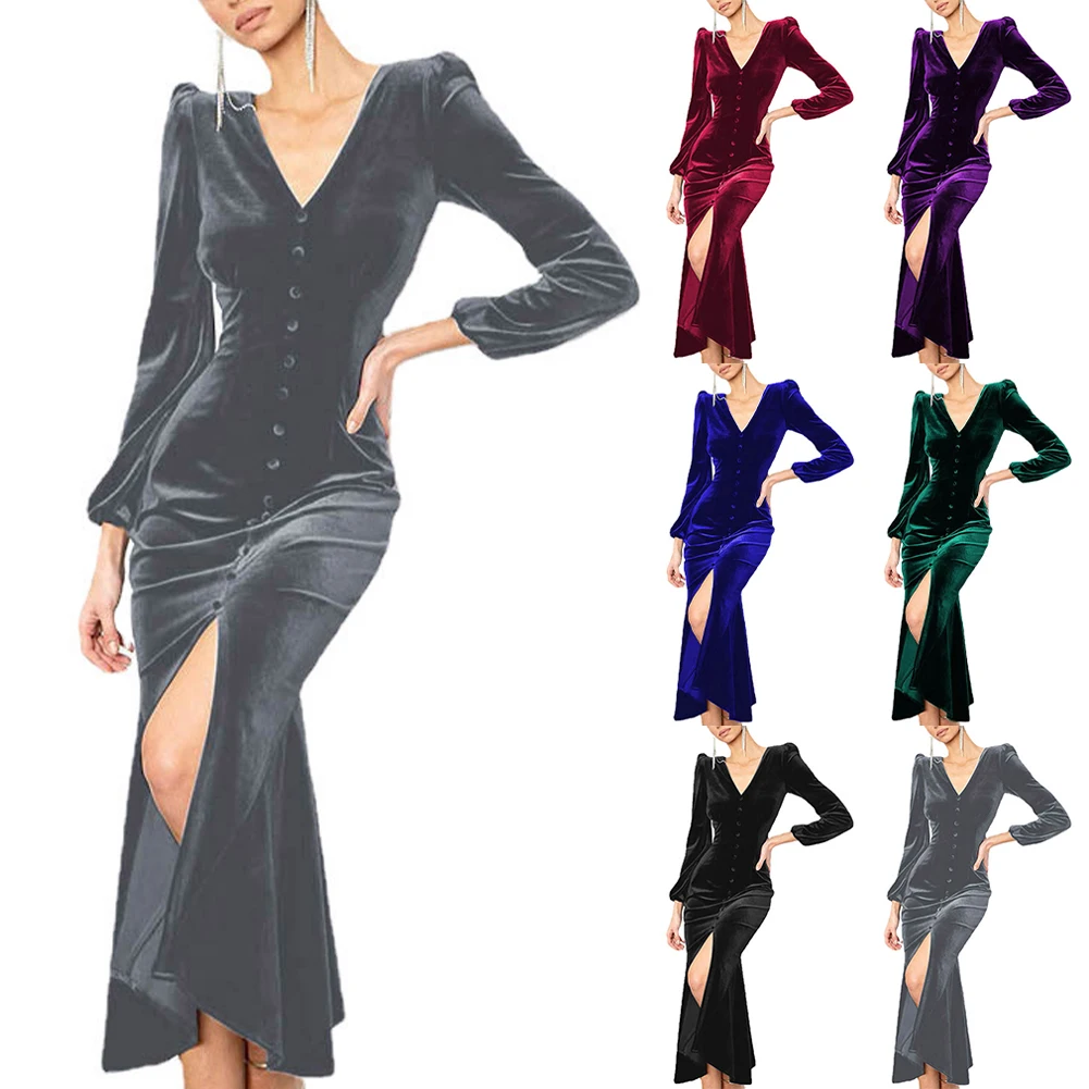 

Women Velvet Slim Warp V-Neck Maxi Dress Evening Cocktail Party PromBall Gown Elegant Ladies Evening Sexy Daily