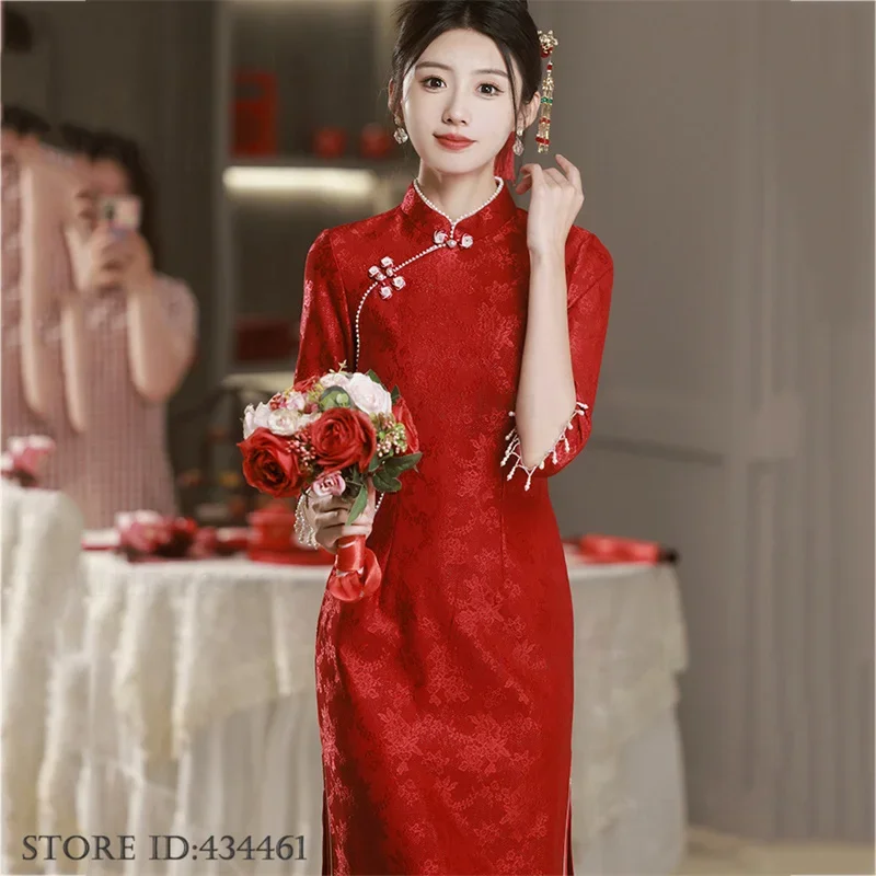 Vestido Qipao tradicional de talla grande 3XL 4XL, vestido de novia chino de encaje burdeos Sexy, Vestidos Cheongsam ajustados clásicos