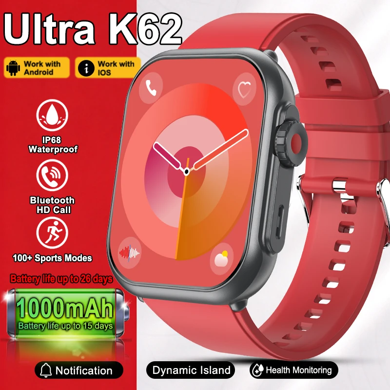 New Watch Ultra K62 1000mAh Battery Sports Fitness Tracker Heart Rate IP68 Waterproof Call Smart Watch Men Women For Android iOS