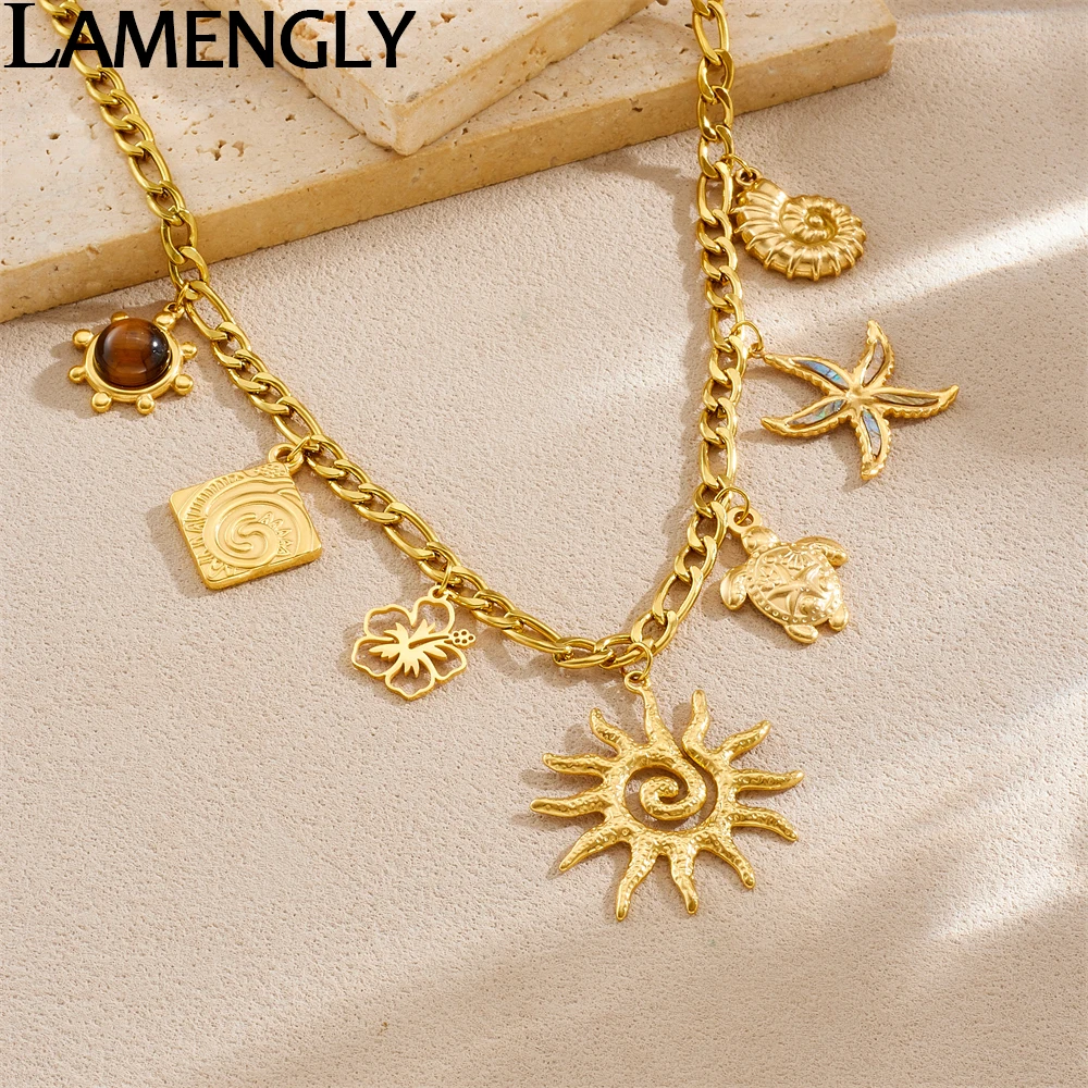LAMENGLY 316L Stainless Steel Classic Elements Spiral Sun Conch Starfish Flower Pendant Necklace Women Summer Daily Wear jewelry