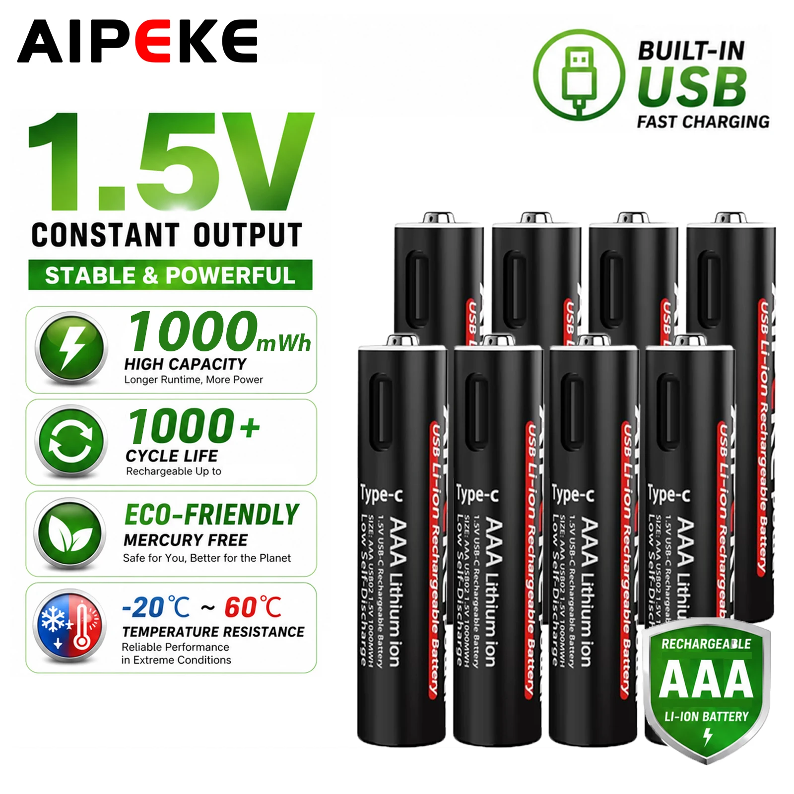 AIPEKE AAA Rechargeable Battery 1.5V 1000mWh 1000 Cycles USB Lithium Pile Rechargeable Batteries For Remote Control Electric Toy
