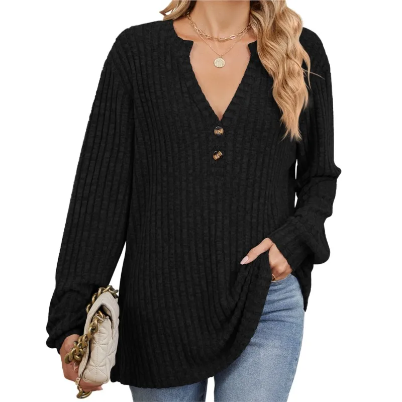 Lady Spring And Autumn Ribbed T-shirt With Brushed Buttons Front V-neck T-shirt Spring And Autumn Casual Long Sleeved Loose Top