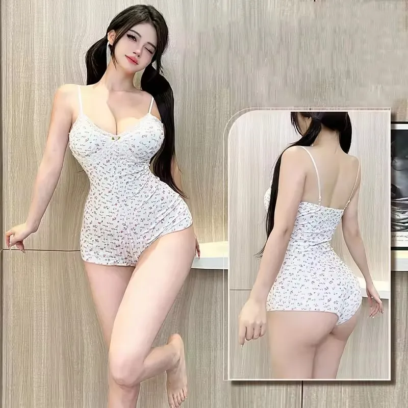 Women Ditsy Floral Lace Trim Cami Jumpsuit Built-in Bra Ruffle Hem One Piece Sleepwear