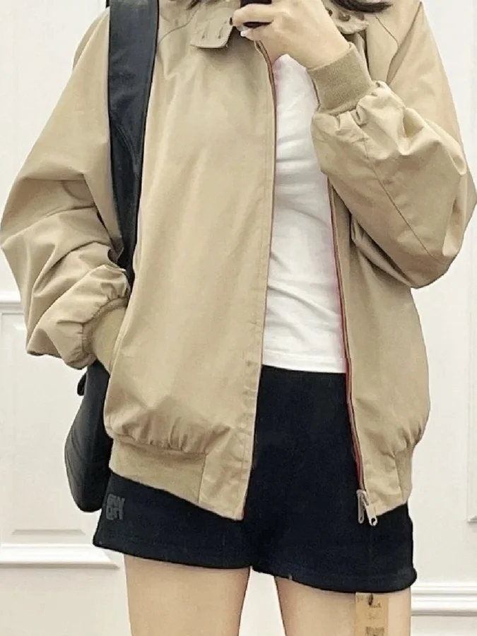 

Loose Fit Short Jacket Women's Cotton Blend Fabric American Retro Style Button up Collar Versatile Casual Office Wear