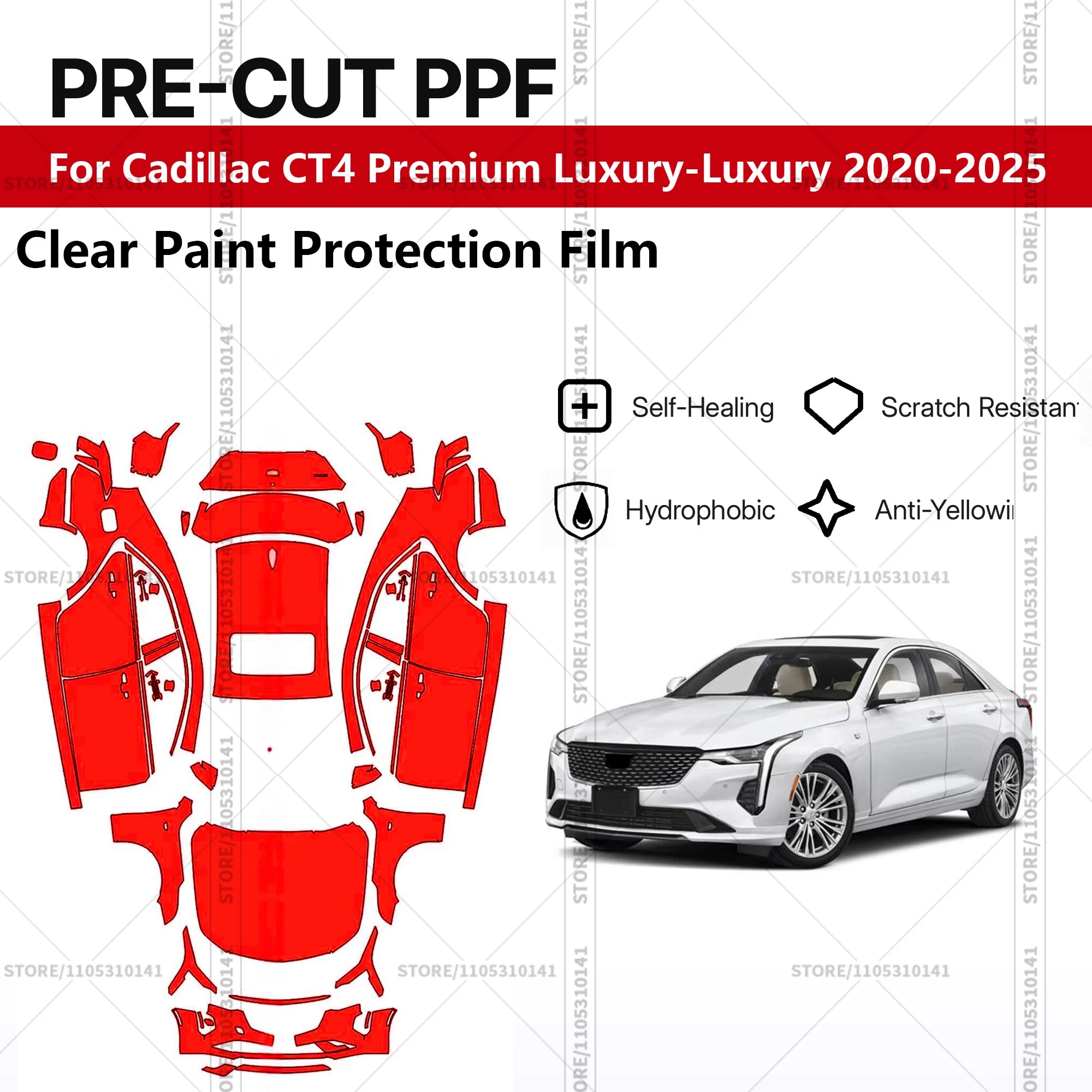 

Для Cadillac CT4 Premium Luxury 2020-2025: Предварительно вырезанная прозрачная защитная пленка (PPF) для автомобиля