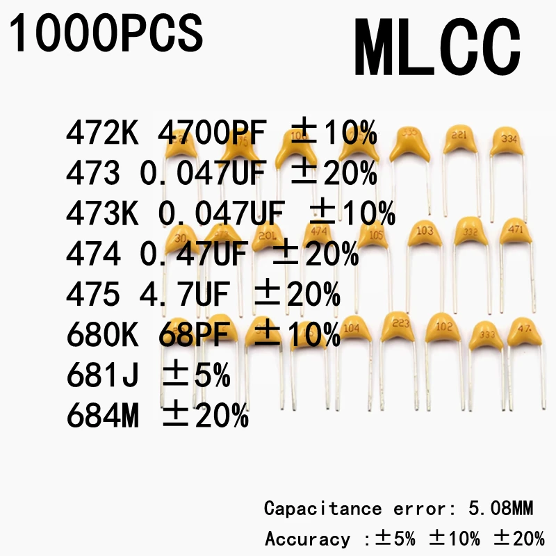 1000 STKS Monolithische Condensator 5% 10% 20% MLCC 472 K 4700PF 473 0.047 UF 473 K 0.047 UF 474 0.47 UF 475 4.7 UF 680 K 68PF 681J 684 M