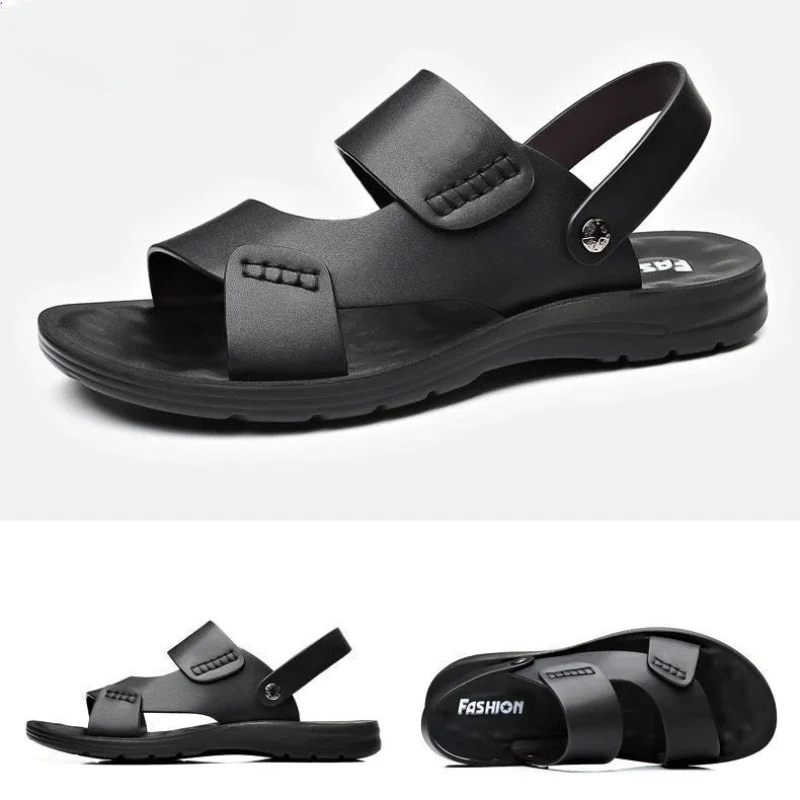 Sandalias planas a la moda para hombre, chanclas cómodas de cuero con punta abierta, zapatillas de playa de lujo para verano